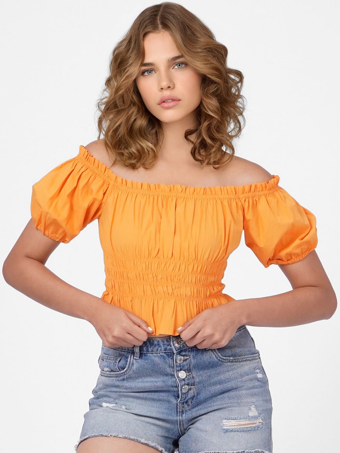 Orange off the discount shoulder crop top