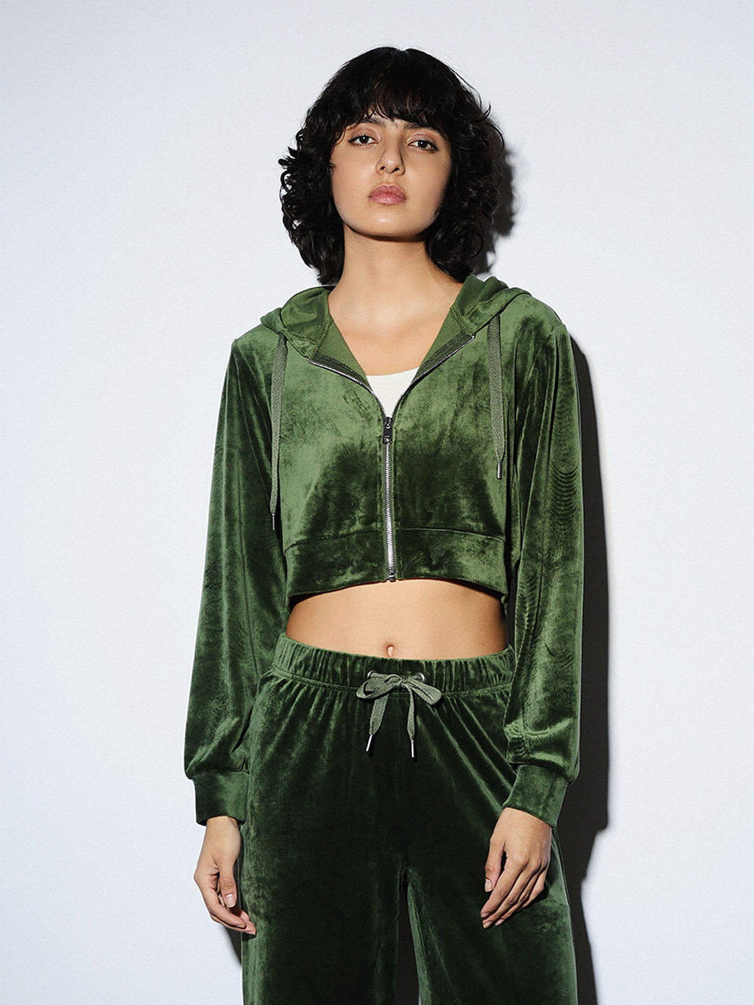 Green Cropped Velour Co-ord Set Sweatshirt