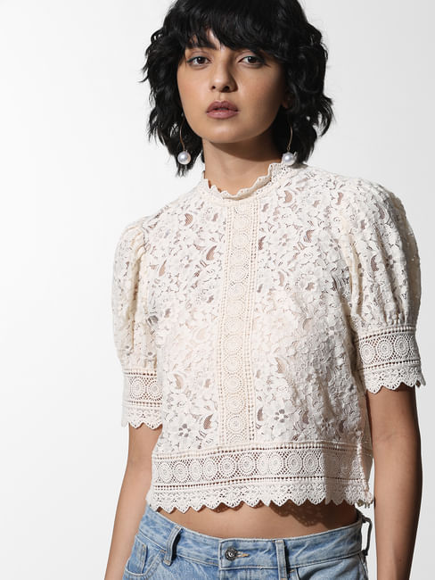 Cream Lace Puff-Sleeved Top