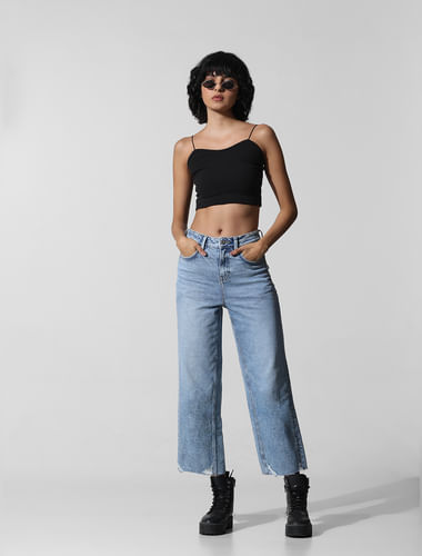 Blue High Rise Raw Edge Straight Fit Jeans