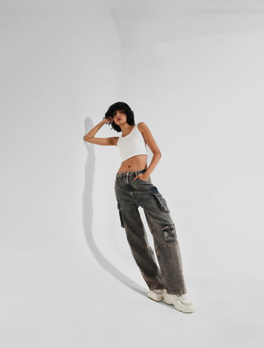 Blue High Rise Cargo Baggy Jeans