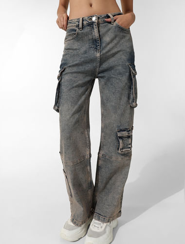 Blue High Rise Cargo Baggy Jeans