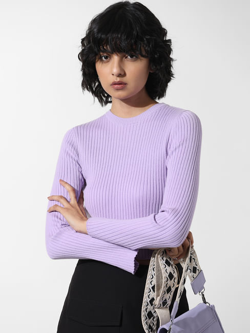 Purple Ribbed Knit T-Shirt