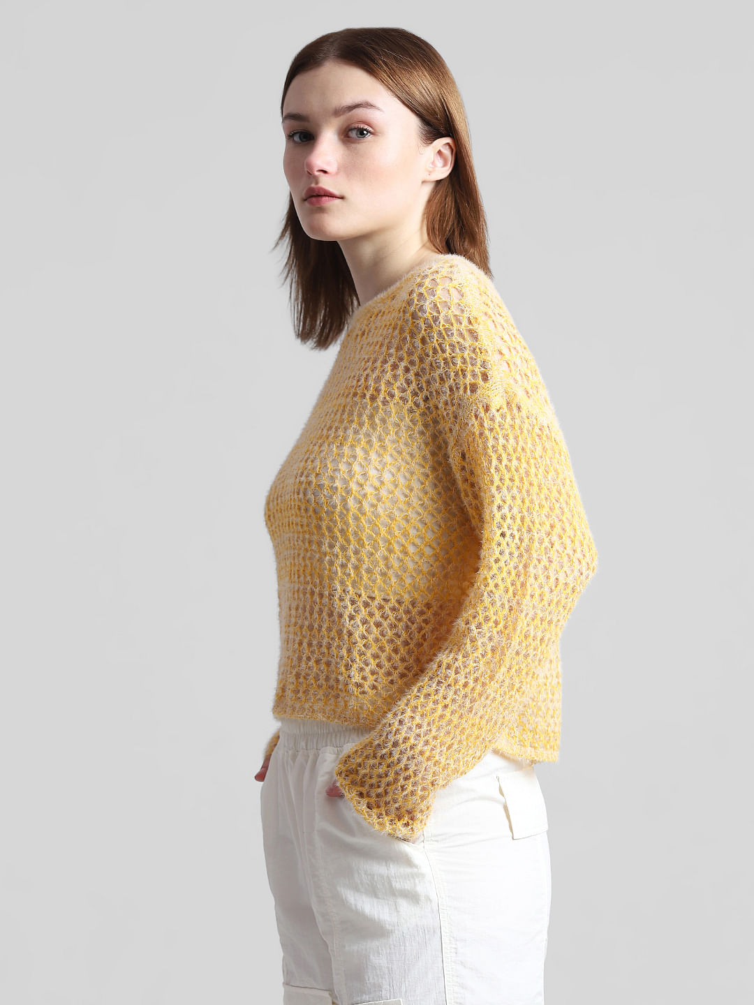 Yellow Hole-Knit Pullover|283531901-Amber-Yellow