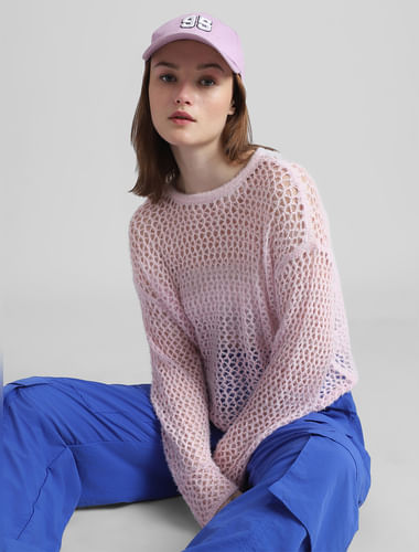 Pink Hole-Knit Pullover