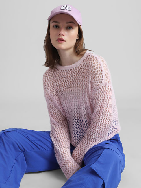 Pink Hole-Knit Pullover