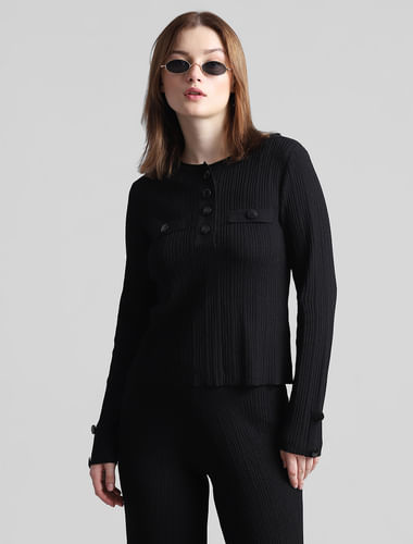 Black Button-Front Fitted Pullover