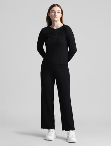 Black Button-Front Fitted Pullover