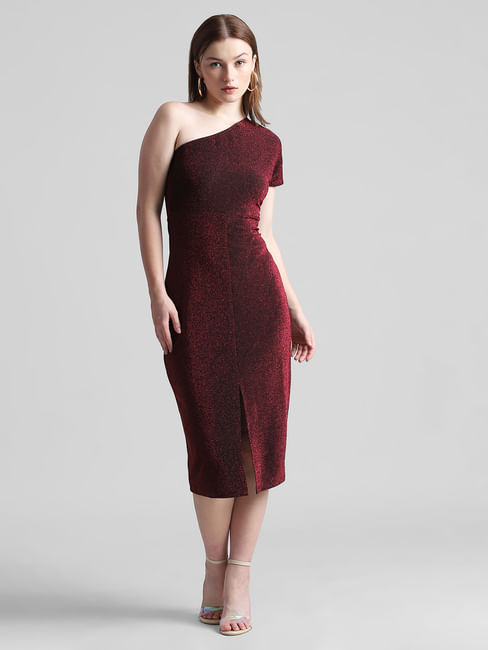 Maroon Shimmer One-Shoulder Dress