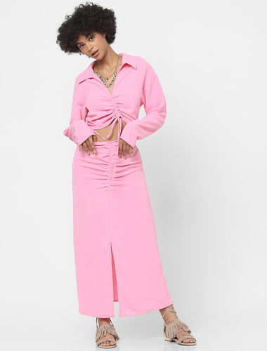 Pink Ruched Detailing Midi Skirt