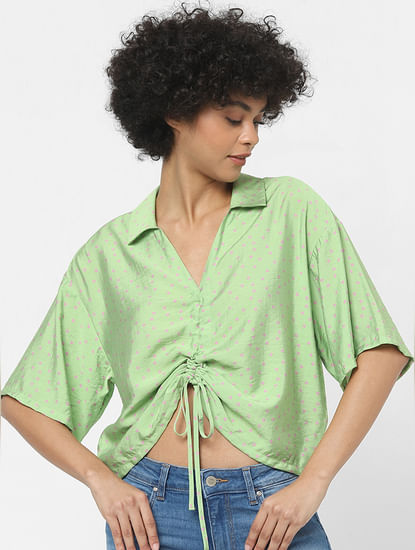 Green Polka Dot Print Cropped Shirt