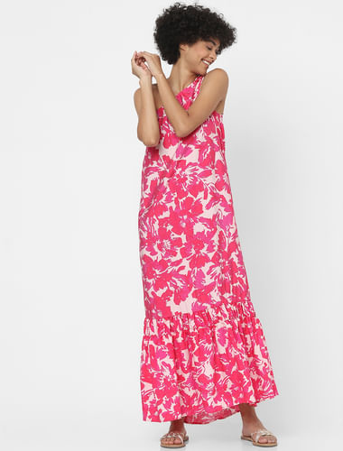 Pink Floral One Shoulder Maxi Dress