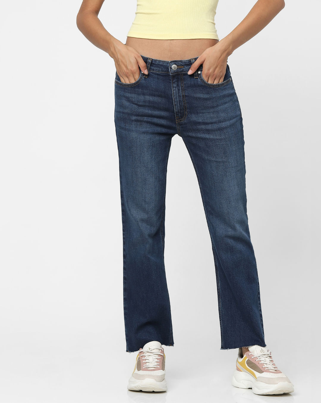 Buy Dark Blue High Waist Raw Edge Flared Jeans For Women Online - ONLY