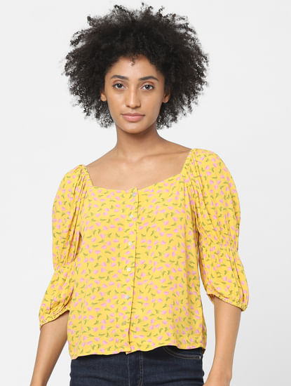Yellow Printed Puff Sleeves Top