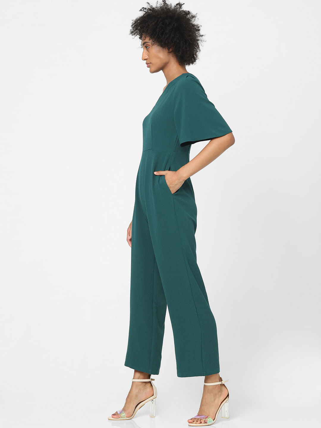 one shoulder green jumpsuit