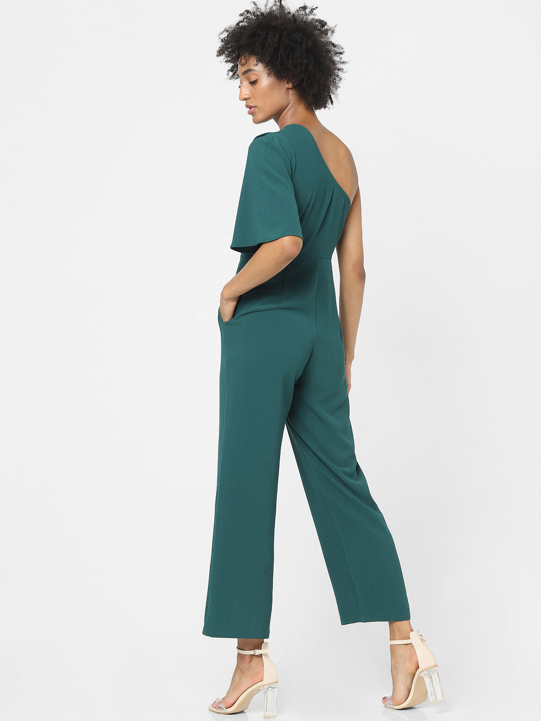 one shoulder green jumpsuit