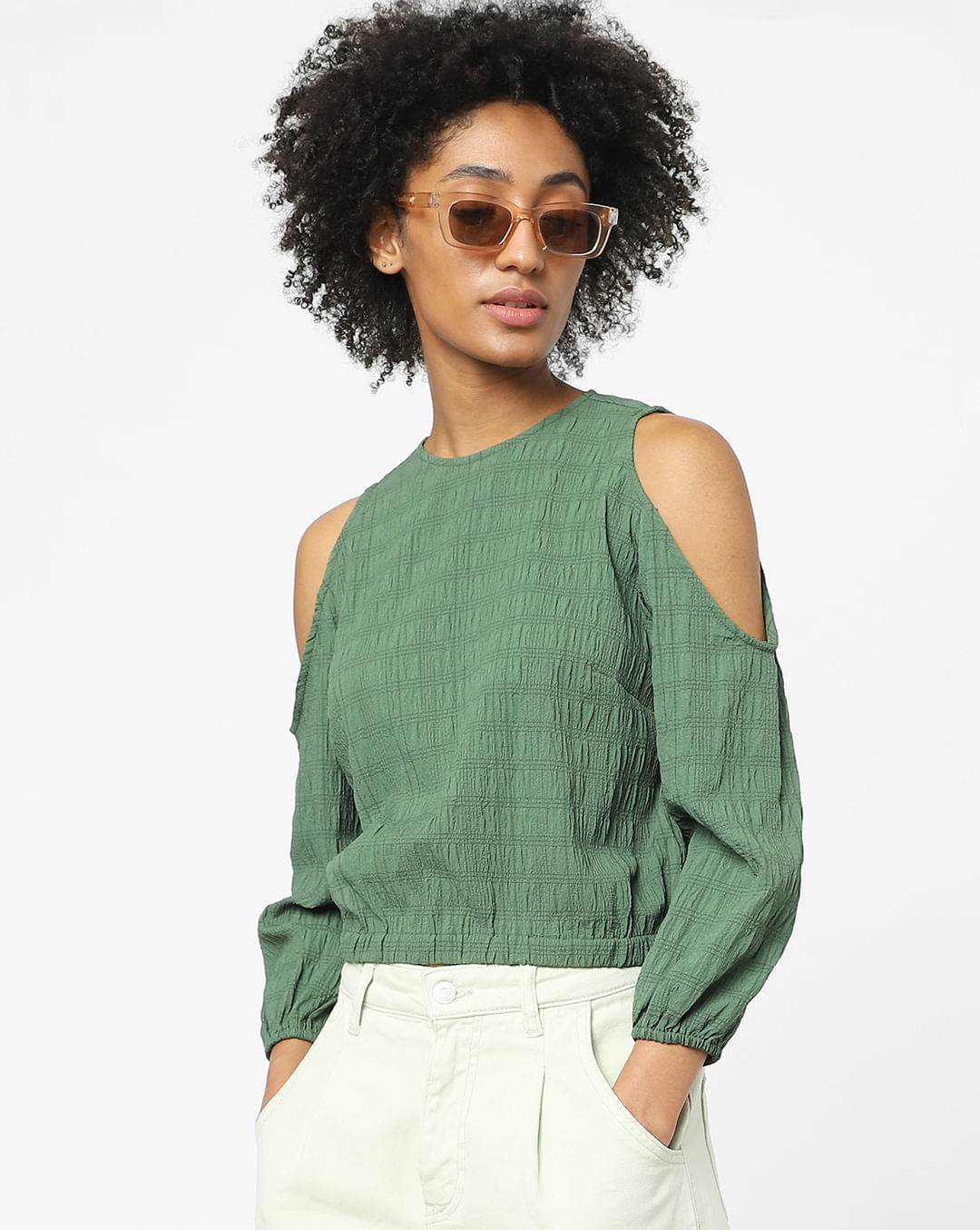 Buy Green Cold Shoulder Top for Women, ONLY