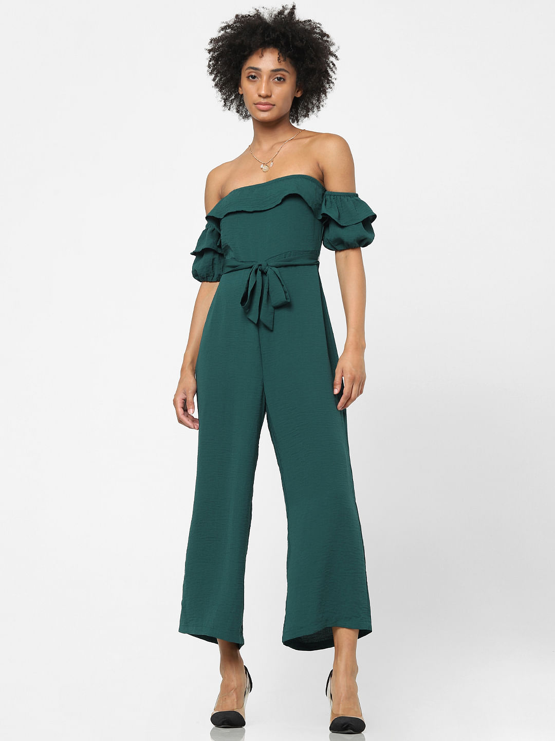 Off shoulder embroidered store mesh panel jumpsuit