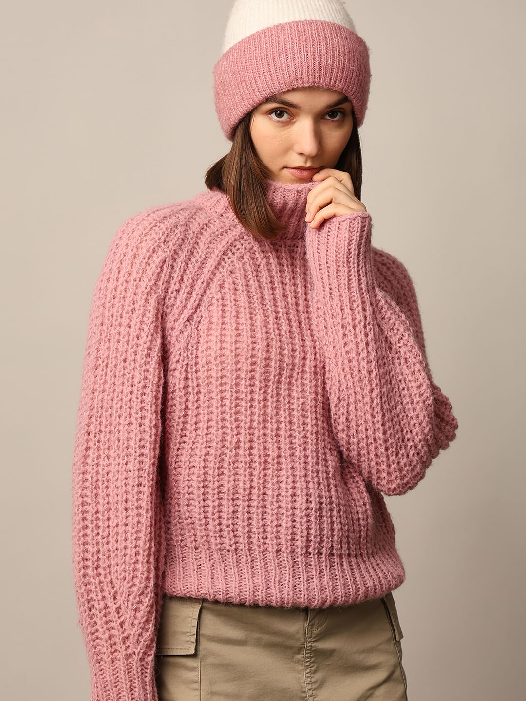 NWT Pilcro Mock-Neck Cable-Knit shops Sweater in medium pink, Size Large