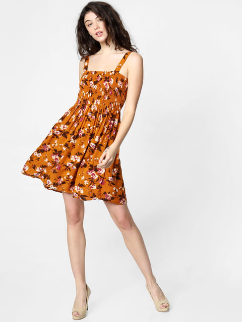 Orange Floral Print Fit & Flare Dress