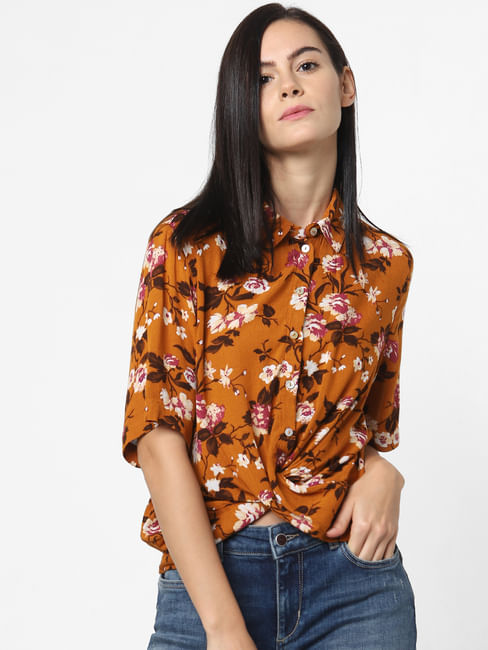 Orange Floral Print Twist Shirt