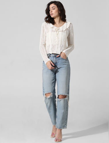 White Lace Full Sleeves Top