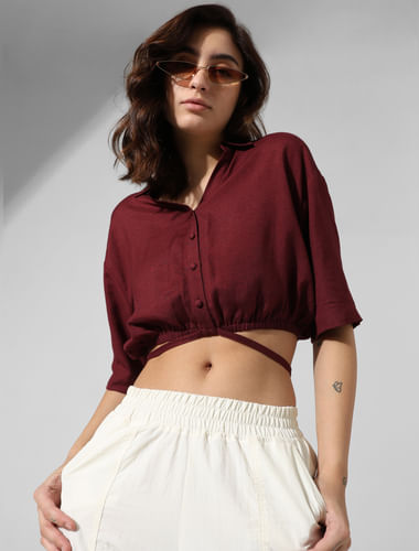 Maroon Linen Cropped Shirt