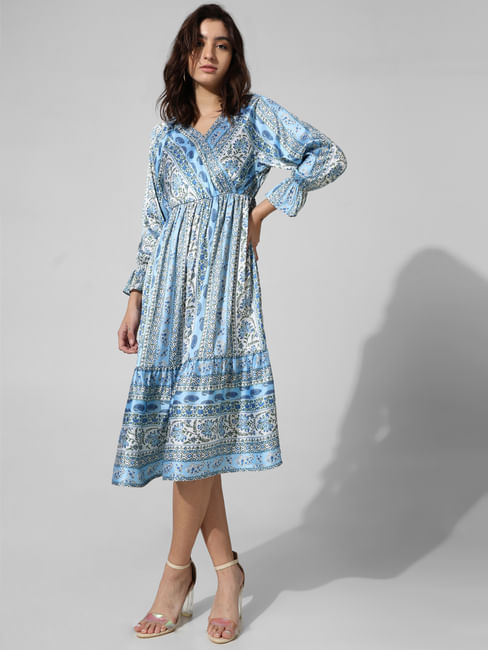 Blue Printed Satin Wrap Dress
