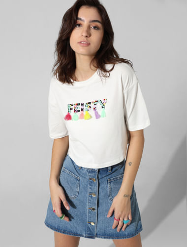 White Bead-Decorated Cropped T-shirt