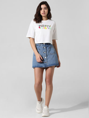 White Bead-Decorated Cropped T-shirt