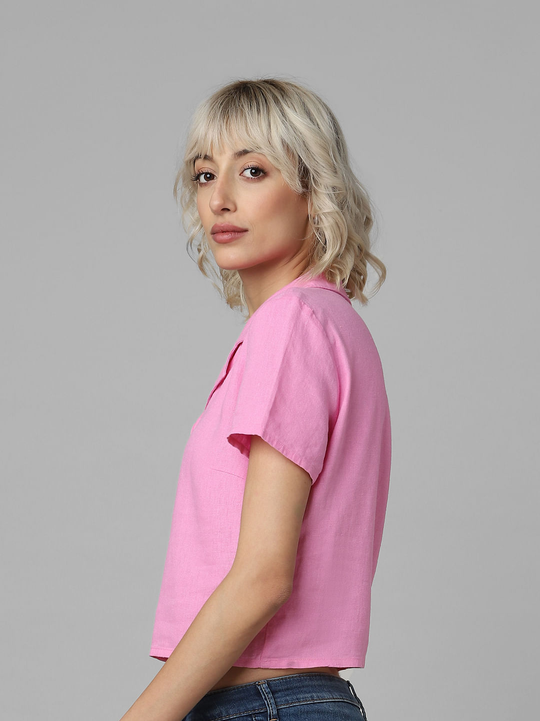 Pink Linen Cropped Shirt