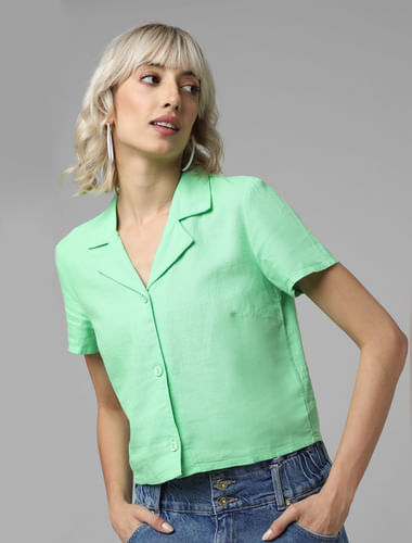 Green Linen Cropped Shirt