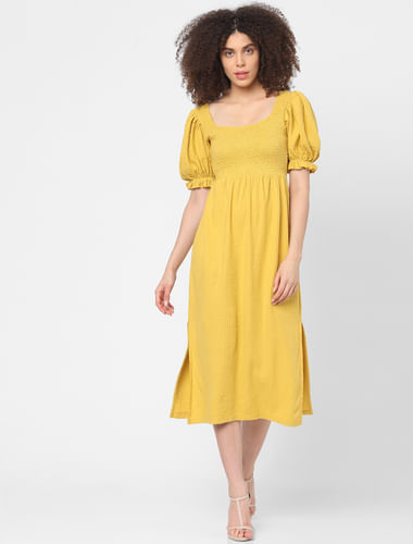 Yellow Smocked Midi Dress