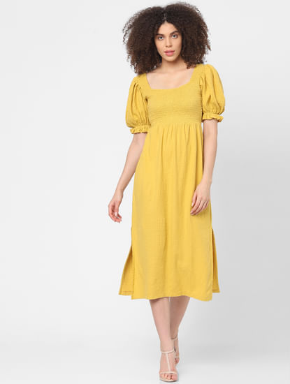 Yellow Smocked Midi Dress