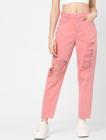 Pink Mid Rise Ripped Straight Jeans