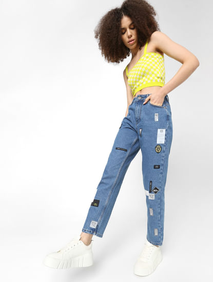 Blue High Rise Patch Print Straight Jeans 