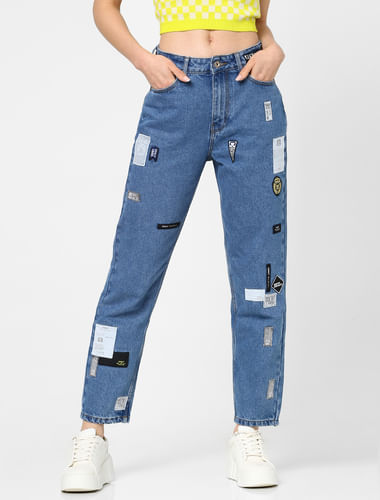 Blue High Rise Patch Print Straight Jeans 