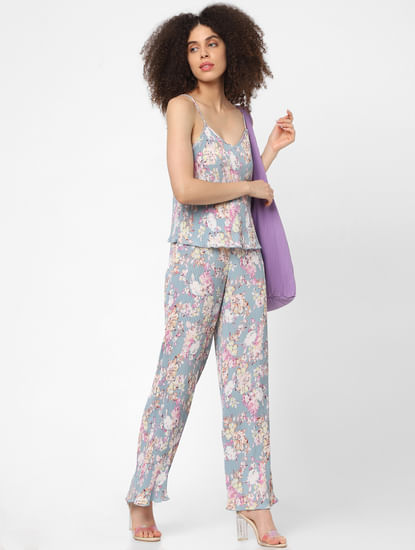 Blue Floral Pleated Co-ord Pants