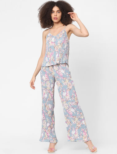 Blue Pleated Floral Co-ord Top