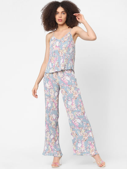 Blue Pleated Floral Co-ord Top