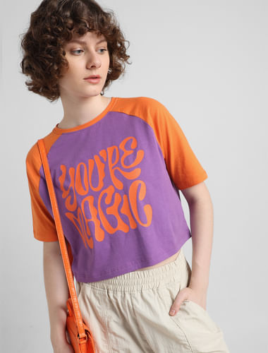 Purple Colourblocked Cropped T-shirt