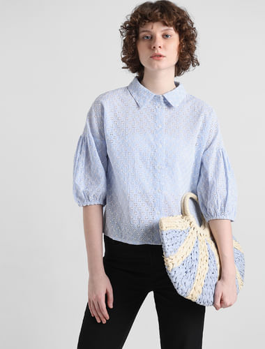 White & Blue Embroidered Cotton Shirt