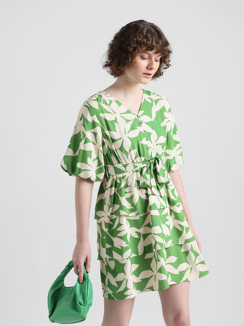 Green Tropical Print Mini Dress