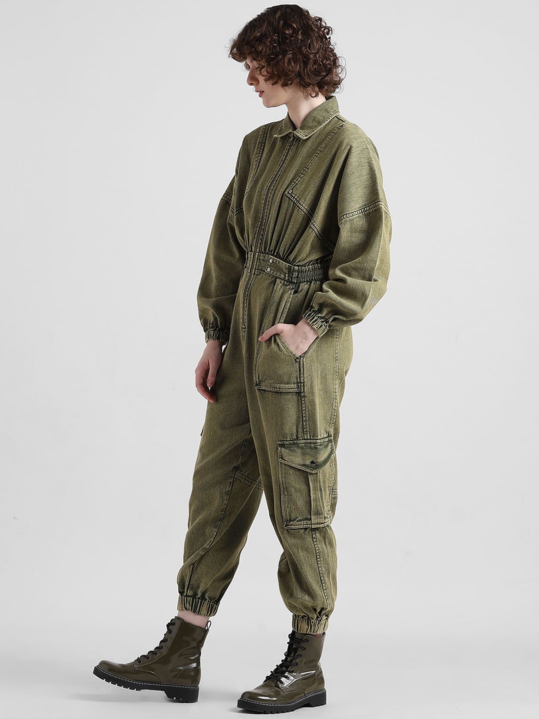 Green Cargo Acid Washed Jumpsuit