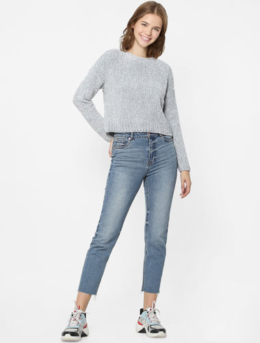 Grey Cropped Knit Pullover