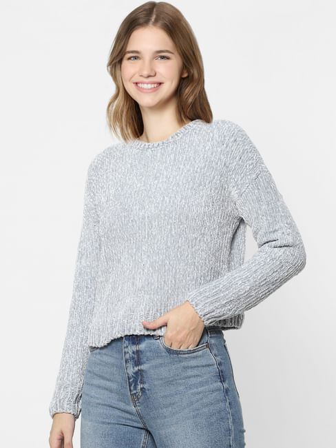 Grey Cropped Knit Pullover