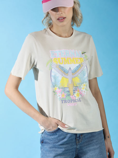 Beige Printed Washed T-shirt