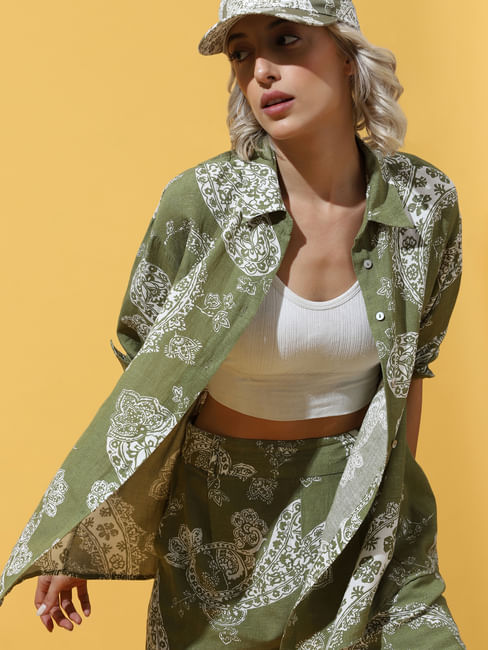 Green Printed Oversized Co-ord Set Shirt
