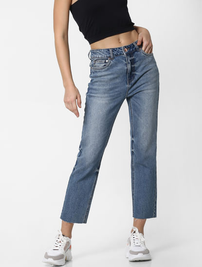 Blue High Rise Raw Edge Straight Fit Jeans