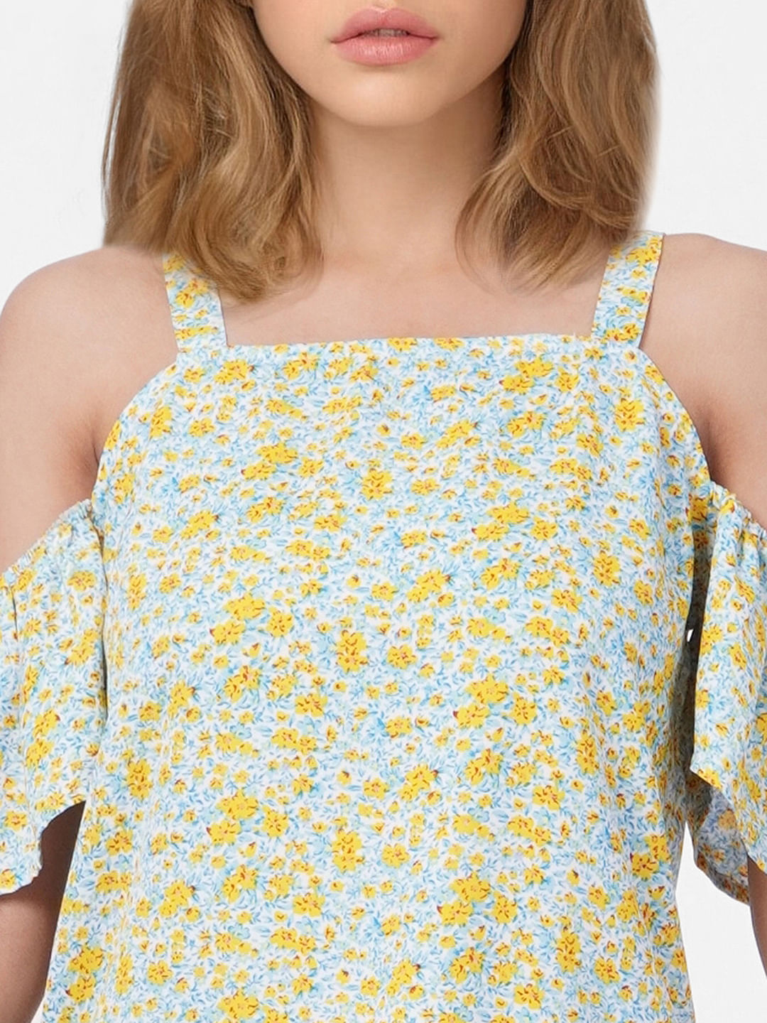 Yellow floral cold store shoulder top